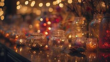 Illuminated table with candle, vase, and decoration generated by AI photo