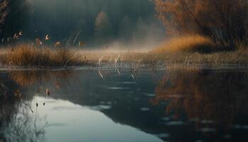 Tranquil autumn forest reflects beauty in nature generated by AI photo