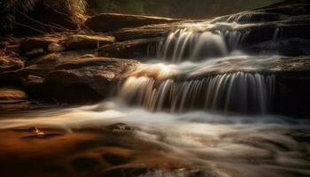 Smooth flowing water cascades down rocky cliff generated by AI photo