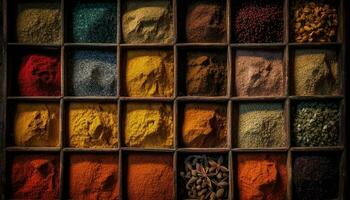 Vibrant colors of spices in wooden bowl generated by AI photo