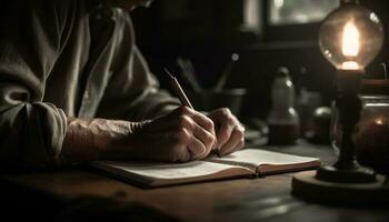 uno hombre estudiando literatura, participación bolígrafo generado por ai foto