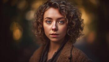 Young woman with curly brown hair smiling outdoors generated by AI photo