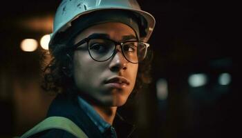 Confident engineer in hardhat working at night generated by AI photo