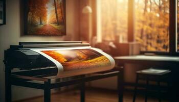 Shiny piano on elegant desk in modern office generated by AI photo