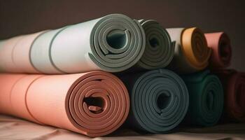 Colorful yoga mats stacked for indoor exercise generated by AI photo