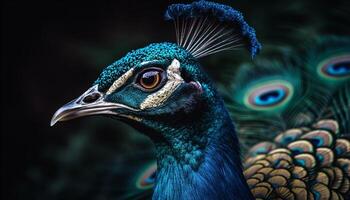 Majestic peacock displays vibrant multi colored elegance generated by AI photo