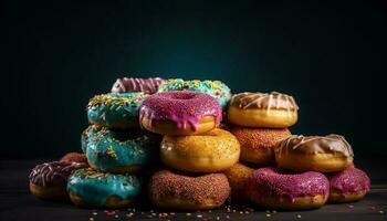 Multi colored donut stack, a sweet indulgence generated by AI photo