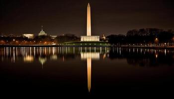 Illuminated monument reflects in water at dusk generated by AI photo