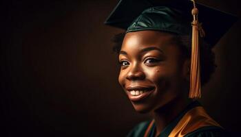 joven africano americano mujer sonriente con orgullo, éxito generado por ai foto