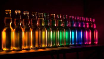 Glowing liquid in bottle, illuminated by blue lighting generated by AI photo