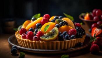 Fresh berry dessert on rustic wooden table generated by AI photo