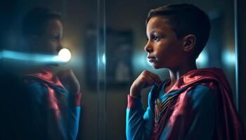 sonriente Niños jugando adentro, iluminado por azul ligero generado por ai foto