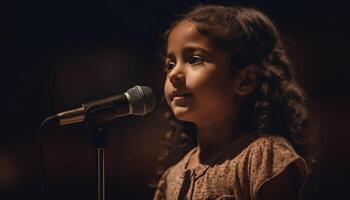 Young musician singing on stage with microphone generated by AI photo