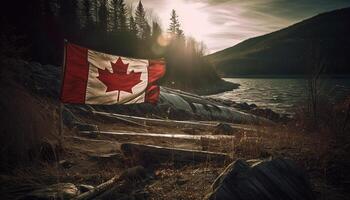 Majestic mountain range reflects tranquil autumn sunlight generated by AI photo