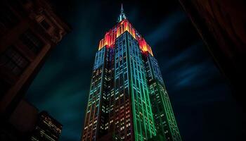 Vibrant city skyline illuminated by colorful lighting equipment generated by AI photo