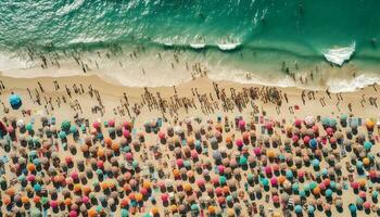 Crowded beach, fun in the sun, relaxation generated by AI photo