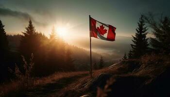 majestuoso montaña rango, canadiense bandera olas con orgullo generado por ai foto