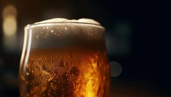 Frothy gold beer in transparent pint glass generated by AI photo