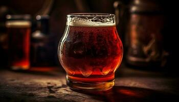 espumoso cerveza en medio litro vaso en de madera mesa generado por ai foto