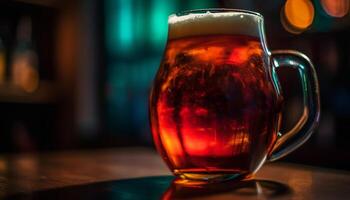 Frothy beer in pint glass on wooden table generated by AI photo