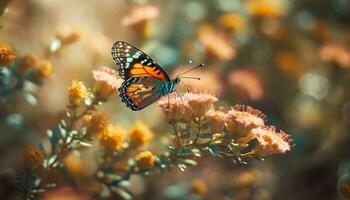 Vibrant butterfly pollinates yellow flower in summer generated by AI photo