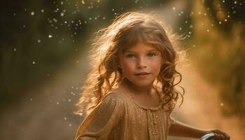 sonriente niño disfruta belleza en naturaleza al aire libre generado por ai foto