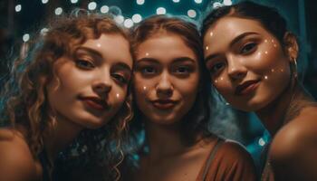 Smiling young women enjoy nightclub party fun generated by AI photo