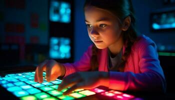 Cute girl typing on laptop in dark room generated by AI photo