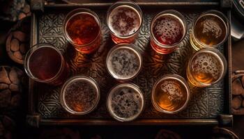 espumoso cerveza negra en oro medio litro vaso, rústico madera generado por ai foto