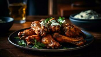 Grilled buffalo chicken wings on rustic wood plate generated by AI photo