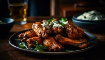 A la parrilla búfalo pollo alas en rústico madera plato generado por ai foto