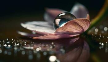 Transparent raindrop on wet pink lotus petal generated by AI photo