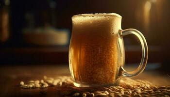espumoso cerveza jarra en oscuro madera mesa generado por ai foto