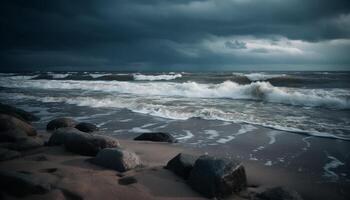 Dramatic sky, crashing waves, tranquil beauty generated by AI photo