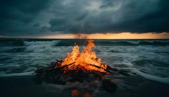 Burning bonfire illuminates the dark summer landscape generated by AI photo