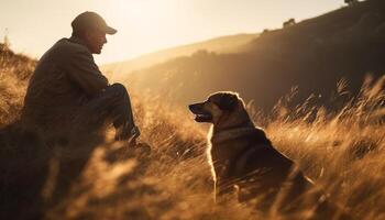 uno persona sentado con su perro al aire libre generado por ai foto