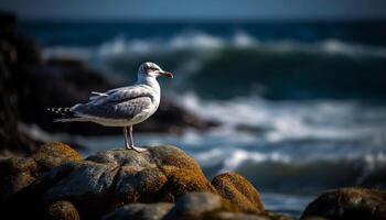 Seagull standing on rock, watching the sunset generated by AI photo