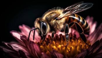 ocupado abeja poliniza flor, recoge panal néctar generado por ai foto