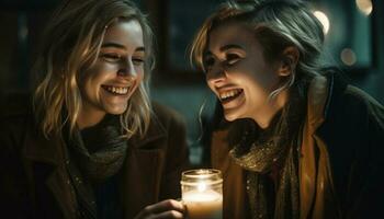 Two young women enjoying nightlife, smiling brightly generated by AI photo