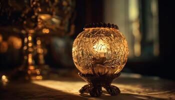 Candle burning, illuminating ancient religious sculpture generated by AI photo