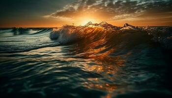 uno persona barriles mediante el puesta de sol olas generado por ai foto