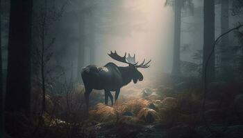 Horned stag silhouette in spooky autumn forest generated by AI photo