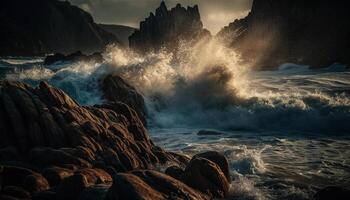 Majestic cliff, rough waters, spray splashing, awe inspiring generated by AI photo