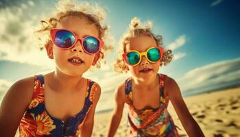 Two cute girls playing in the sand generated by AI photo