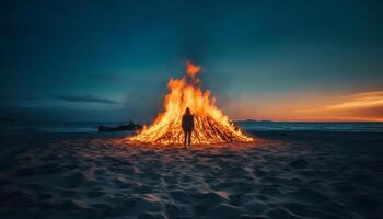 ardiente hoguera en arenoso playa a oscuridad generado por ai foto