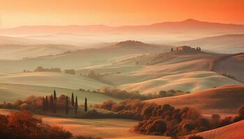 Tranquil Italian farmhouse in rolling vineyard landscape generated by AI photo