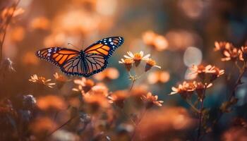 Vibrant butterfly pollinates multi colored flower in meadow generated by AI photo