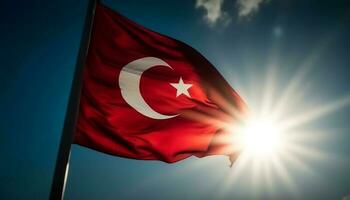 Turkish flag waving majestically in the sunlight generated by AI photo