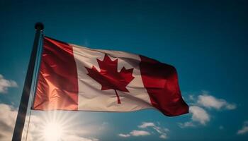 Canadian flag waving in the bright sunlight generated by AI photo