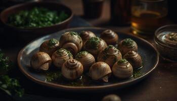 orgánico caracoles aperitivo en rústico de madera plato generado por ai foto